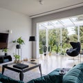 Bright living room with oriel window