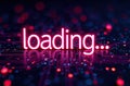 Bright loading text on a circuit board background in vibrant colors during a digital process