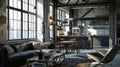 Bright loft interior with communal table, chairs and brick wall . Ai Generative