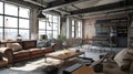 Bright loft interior with communal table, chairs and brick wall . Ai Generative