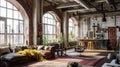 Bright loft interior with communal table, chairs and brick wall . Ai Generative Royalty Free Stock Photo