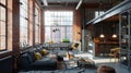 Bright loft interior with communal table, chairs and brick wall . Ai Generative