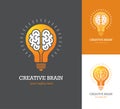 Bright logo with linear brain icon inside a light bulb. Royalty Free Stock Photo