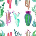 Bright lovely beautiful mexican tropical herbal floral summer pattern of a colorful cacti with flowers vertical pattern watercolor Royalty Free Stock Photo