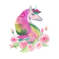 Bright lovely cute fairy magical colorful pattern of unicorns with spring pastel cute beautiful flowers watercolor