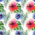 Bright lovely tropical hawaii floral herbal summer pattern of red, pink, blue, yellow tropical flowers hibiscus and green palms l Royalty Free Stock Photo