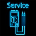 Bright luminous blue industrial digital neon sign for shop workshop service center beautiful shiny with electric tester