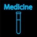 Bright luminous blue medical scientific digital neon sign for a pharmacy store or hospital laboratory. A beautiful shiny flask