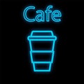 Bright luminous blue neon sign for cafe bar restaurant pub beautiful shiny with a mug of coffee on a black background. Vecto Royalty Free Stock Photo