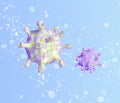 Bright lurid beautiful coronavirus cells on a blue background. COVID-19 concept