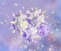 Bright lurid beautiful coronavirus cells on a blurred background