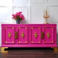 A bright magenta wood sideboard with goldplated detailing. Trendy color of 2023 Viva Magenta.. AI generation