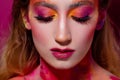 Bright makeup and face art, close-up portrait, girl with closed eyes. Creative makeup, Royalty Free Stock Photo