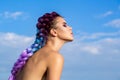 Bright makeup, rose-colored, braids, pigtails hairstyle. Girl colorful kanekalon braided in her hair. Pretty woman Royalty Free Stock Photo