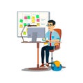 bright manager man preparing computer presentation using board notes cartoon vector