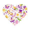 Bright Mardi Gras or Fat Tuesday Carnival Celebration with Mask and Feather Arranged in Heart Vector Template