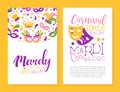 Bright Mardi Gras or Fat Tuesday Carnival Celebration with Mask and Feather Vector Card Template