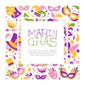 Bright Mardi Gras or Fat Tuesday Carnival Celebration with Mask and Feather Vector Card Template