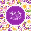 Bright Mardi Gras or Fat Tuesday Carnival Celebration with Mask and Feather Vector Card Template