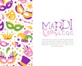 Bright Mardi Gras or Fat Tuesday Carnival Celebration with Mask and Feather Vector Card Template