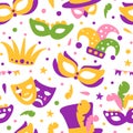 Bright Mardi Gras or Fat Tuesday Carnival Celebration with Mask and Feather Vector Seamless Pattern Template