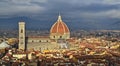 Bright Maria del Fiore cathedral illuminated by sun rays between