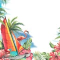 A bright marine, orange sailboat, catamaran with tropical leaves and coconut palms, red hibiscus flowers and pink