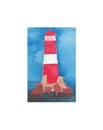 Bright marine red lighthouse on the sea rocks on a white background
