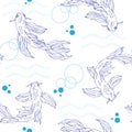 Bright marine seamless pattern with contour blue fishes. Hand-drawn illustration on white background for your design