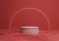 Bright maroon, dark red 3D rendering luxurious product display podium or stand minimal composition with golden arch line in