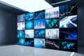 Bright meeting room office interior with abstract projector, city and forex chart screen. Workplace, economy, display, stock,