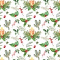 Festive Christmas and New Years seamless pattern with hand painted watercolor holly berries, pine tree branches and candle Royalty Free Stock Photo