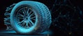 Bright mesh car wheel with lightspot effect. wire carcass polygonal mesh in format on a black background. Abstract mesh Royalty Free Stock Photo