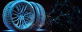 Bright mesh car wheel with lightspot effect. wire carcass polygonal mesh in format on a black background. Abstract mesh