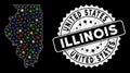 Bright Mesh 2D Illinois State Map with Flash Spots and Grungy Watermark Royalty Free Stock Photo
