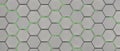 Bright metal hexagon with green beam background, 3d render illustration.