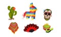 Bright Mexican Attributes and Symbols with Guacamole and Fan Vector Set