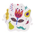 Bright Mexico with Flower, Avocado and Moustache Element Vector Composition