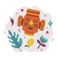 Bright Mexico Object with Aztec Wooden Carved Mask and Foliage Element Vector Composition