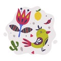 Bright Mexico Object with Decorated Flower and Bird Element Vector Composition