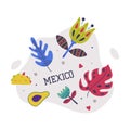 Bright Mexico Object with Flower, Avocado and Tortilla Element Vector Composition
