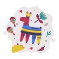 Bright Mexico Object with Flower, Maraca and Pinata Element Vector Composition