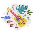 Bright Mexico Object with Guitar, Maraca and Foliage Element Vector Composition Royalty Free Stock Photo