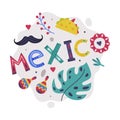Bright Mexico Object with Maraca, Inscription and Moustache Element Vector Composition