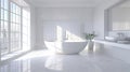 Bright minimalist bathroom with a freestanding bathtub and large windows.