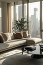 A bright minimalist living room with expansive windows and chic neutral decor