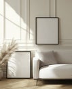 Bright Minimalist Living Room Interior with Beige Sofa and Blank Frames Royalty Free Stock Photo