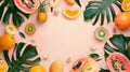 Bright and minimalist mockup with fresh tropical fruits and green leaves on pastel background