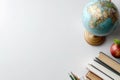 Bright and minimalistic flat illustration with globe, books and apple on white background. image emphasizes study, creativity, Royalty Free Stock Photo