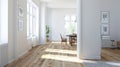 Bright modern apartment interior with large windows and wooden floor Royalty Free Stock Photo